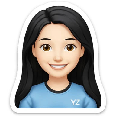 white adult woman in a y2k outfit, long black hair, smiling sticker
