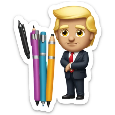 Donald trump wearing a suit with 6 pens in his suit pocket, and a pen in both hands sticker