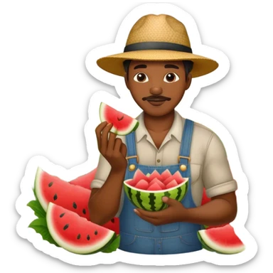  a black farmer in a field with cotton while eating chicken and watermelon sticker