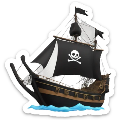 A sailing ship with a black body, black sails and black flag with the jolly roger sticker