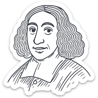 Add a bit more strokes to the Spinoza black outline icon to increase the hand-drawn character detail, keeping it clean and not overly busy. Maintain refined facial features, long curly hair, 17th-century collar, and even eyes. Transparent background. sticker