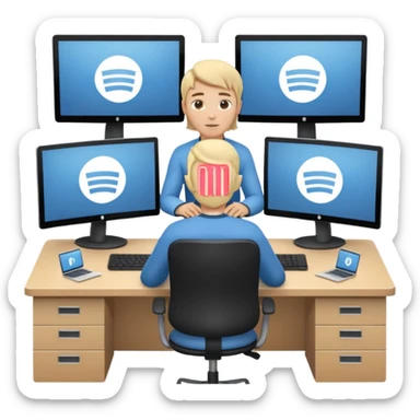 A stylized 3D avatar icon of a developer sitting at a desk, surrounded by three curved monitors floating around them. The screens show browser tabs, documentation, and code. sticker