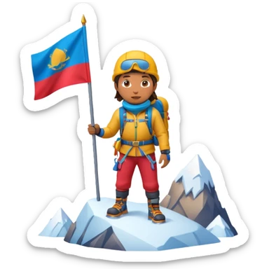 A 3D cartoon mountaineer standing on a snowy Everest-like summit with a flag, wearing colorful climbing gear, soft lighting, Memoji-style. sticker