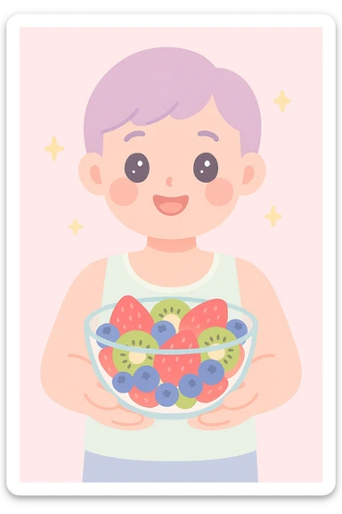 A cheerful person holding a glass bowl of colorful fruit salad, with vibrant pieces of strawberries, kiwis, and blueberries visible. The person is wearing a casual, light-colored tank top, and has a friendly, bright smile as they prepare to take a bite with a spoon. sticker