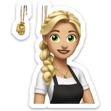 Waitress with white shirt and black apron, there is a cursive C in the upper left corner of the apron, straight blonde hair in a ponytail, green/hazel eyes, lots of boho jewelry and bracelets  sticker