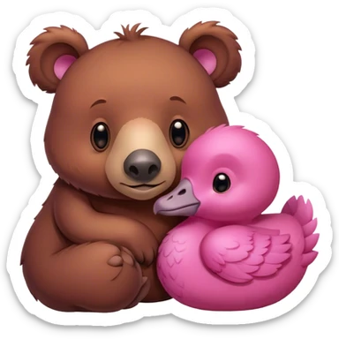 A brown bear and a pink dodo closely snuggled together sticker