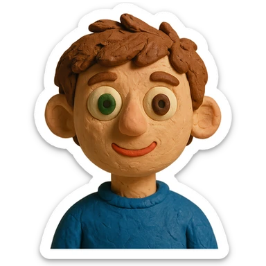 Johnny with brown semi-fluffy hair, one green eye and one brown eye sticker