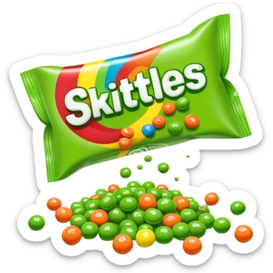 Skittles candy package spilling all green round candies, same package design but only green Skittles sticker