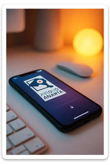 A photo of an iPhone on the desk with the message "Antonio Anania" on its screen, The phone sits atop a desk with a blurred background that suggests work environment. A faint glow from above casts gentle shadows across the surface of each object, creating depth and highlighting their textures sticker