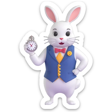 Alice in Wonderland white rabbit with pocket watch, hurried and whimsical, simple and charming emoji style sticker
