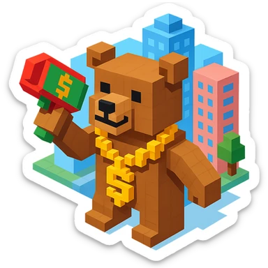 Russian grizzly bear wearing a rapper chain and holding a money gun, with a city background sticker