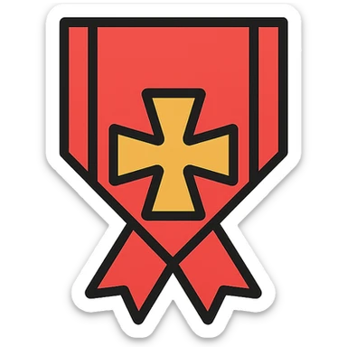 icon of an order ribbon with red band and golden Balkenkreuz, 64x64 pixels, clear and recognizable, icon style sticker