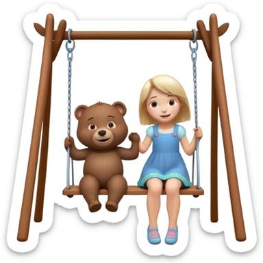 Create a 3D animated scene in the style of a children's cartoon. A small girl similar to Masha is sitting on a swing, smiling happily. A big friendly bear stands behind her gently pushing the swing. Bright colorful forest background, soft lighting, warm and playful mood." sticker