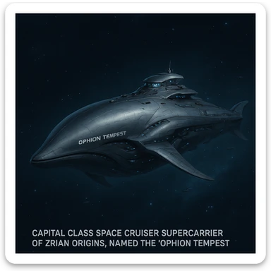 capital class space cruiser supercarrier of Zrian [human] origins, named the "Ophion Tempest"
The ship has a sleek design, mimicking a prehistoric sea-mammal or Cetacea  sticker