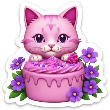 A pink cat eating a pink cake surrounded by purple flowers  sticker