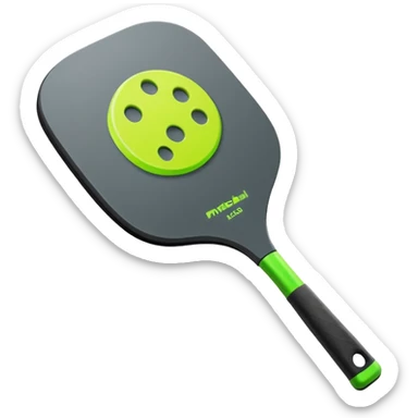 Modern Pickleball paddle graphite without holes, dark grey. 1 ball beside or on top the paddle florescent green at 45 degrees sticker