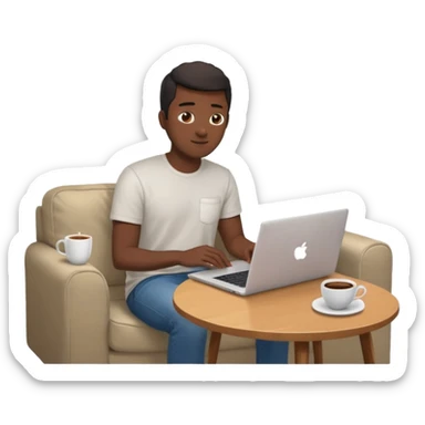 Père noël développeur de teint noir, assis dans un coin cosy de son salon un week-end, ordinateur portable ouvert affichant du code. Lumière naturelle douce, ambiance calme. Habillé simplement (t-shirt clair, jean ou short), tasse de café/thé à côté. sticker