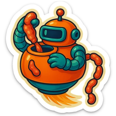 a robot that uses arms to put meat in large hole on top. sausage links come out robots rear. no legs on robot. robot hovers. robot feeds itself meat sticker