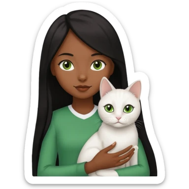black girl with brown eyes with straight long black hair with a side part.  holding a female white cat. the cat has green eyes sticker