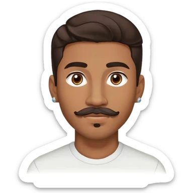 Young man with medium brown skin, mixed-race ethnicity, much longer wavy dark brown hair with a PERFECTLY CENTERED hair part that aligns EXACTLY with the middle of the face, mustache separated from goatee, medium brown eyes, very small diamond stud earrings in both ears, head only with absolutely no shoulders or torso sticker