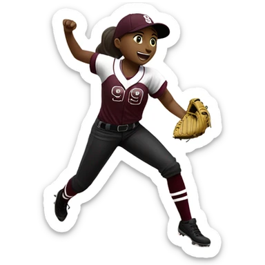 girl playing softball pitching with a maroon shirt on that says wolfpack has black pants on white cleats and maroon socks, her number is 99 sticker