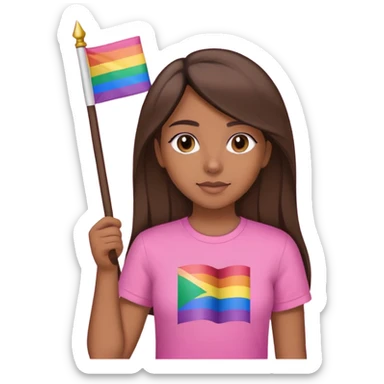Niña morena con pelo liso con una camisa Rosa sosteniendo una bandera lesbiana  sticker