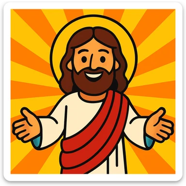 Jesus cartoon style, friendly smile, open arms, bright background sticker
