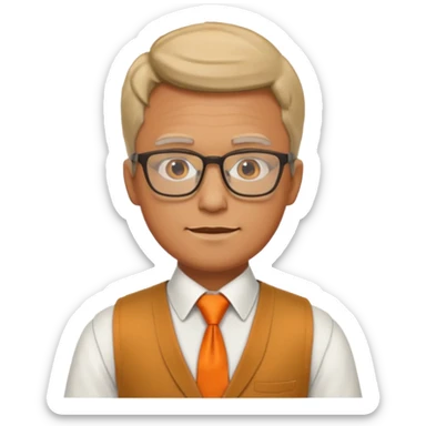 man in vest with orange tie, wearing glasses sticker