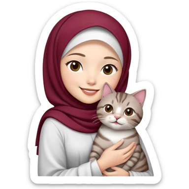 Asian white girl wearing  maroon hijab with white dress holding a black grey tabby cat while smiling sticker