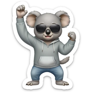 anthropomorphised koala, full body, wearing a hoodie and jeans, dark sunglasses, shaking fist sticker