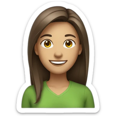 Woman with straight brown hair, big smile, green shirt sticker