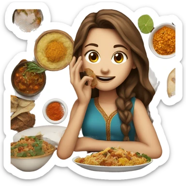 White Girl with brown hair  eating Indian food sticker