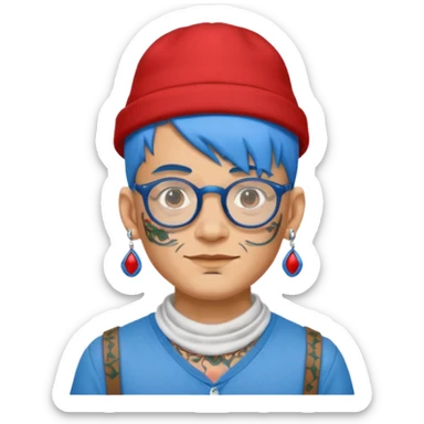 unique looking tourist with big unique red tourist hat and earrings, man with lots of tattoes and spectacles, blue hair showing sticker