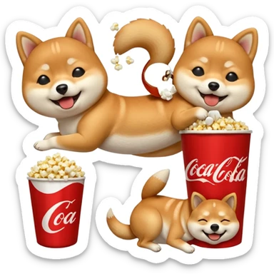 fais moi 20 emoji avec differente reaction avec un shiba inu, qui est mdr, qui pleure, qui mange, qui se roule, qui saute, qui mange du pop corn, qui boit un coca, qui dort les 4 pattes en l'air, et d'autre sticker