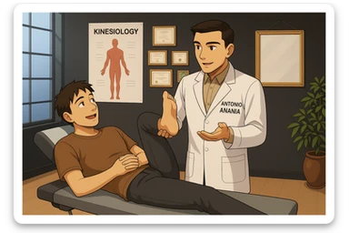 su questo lettino rappresenta un webtoon manga a colori con questo stile, in cui un uomo è steso sul lettino medico e il kinesiologo con il camice bianco (fagli anche la scritta "ANTONIO ANANIA" SUL CAMICE, gli solleva una gamba per fargli il test neuromuscolare, IL KINESIOLOGO SPIEGA ALL'UOMO UNA cosa mentre gli alza la gamba. l'espressione dell'uomo è felice e soddisfatta, non fare i fumetti però, fai solo in modo che sembri stiano parlando sticker