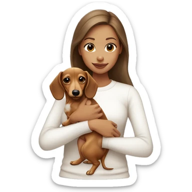Brown haired girl with tan skin in white long sleeve holding a light blonde dachshund puppy  sticker
