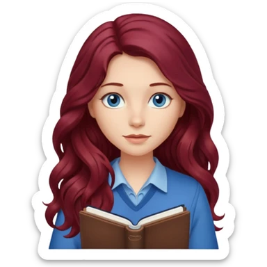girl with long wavy burgundy hair, blue eyes and a notebook sticker