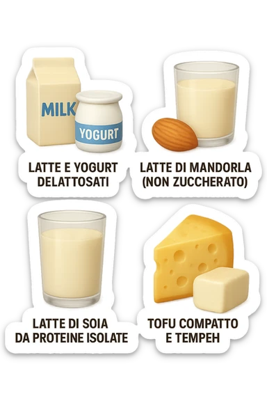 emoji stile iphone 3d di questi elementi che fluttuano in aria:

Latte e yogurt delattosati
Latte di mandorla (non zuccherato)
Latte di soia da proteine isolate
Formaggi stagionati (es. parmigiano)
Tofu compatto e tempeh
 che fluttuano in aria,  le etichette scrivile in italiano, iperealistico 4k sticker