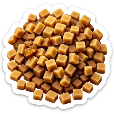 small pile or scatter of golden-brown sugar crystals, warm amber tone, slightly coarse texture, irregular matte grains, lightly clumped, natural molasses look, no spoon, bowl, or packaging, soft lighting, subtle shadows, transparent background, emoji scale sticker