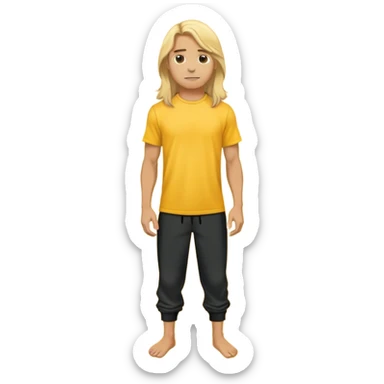 Surfer with long blond hair, yellow t-shirt, black baggy sweatpants. On a yellow and white board sticker