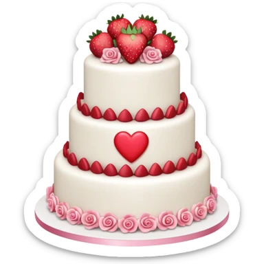 white wedding cake with strawberries, pink roses, heart topper sticker