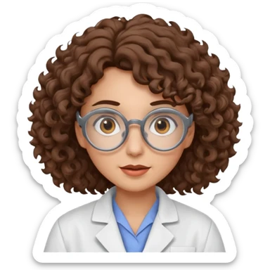 A crazy female scientist, with curly brown hair, brown eyes and grey glasses sticker