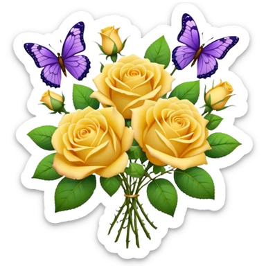 Bouquet of yellow roses. Purple butterflies are flying near it.  sticker