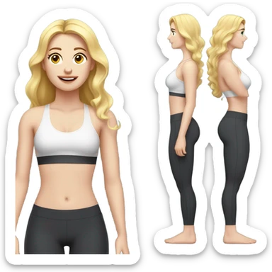 Woman, white skin, pale skin, long hair, blonde hair, wavy hair, standing, sports bra, leggings, measuring tape around waste sticker