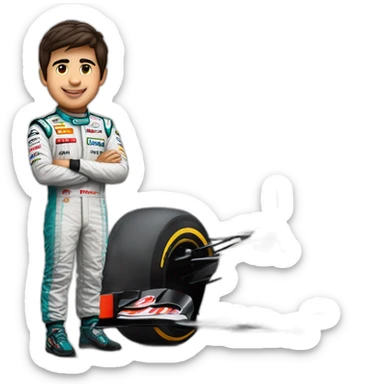 Checo Pérez junto a su carro de fórmula 1 sticker