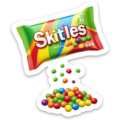 A Skittles candy package opened from the top with green candies spilling out. Minimalist design with rainbow packaging. sticker
