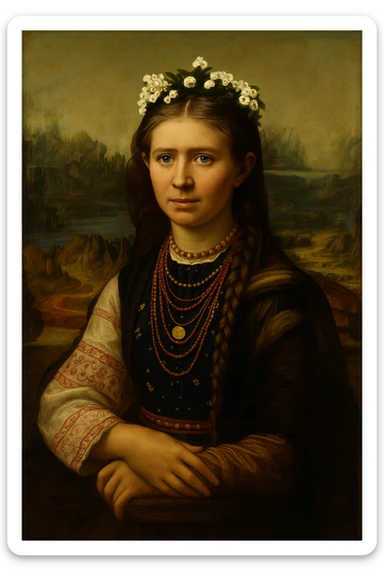 Insert the character from the provided image into Leonardo da Vinci's 'Mona Lisa' painting, preserving the Mona Lisa's enigmatic smile and the soft sfumato technique. Maintain the classical portrait pose and Renaissance style of the original artwork, blending the character seamlessly into the scene with harmonious lighting and color tones. sticker