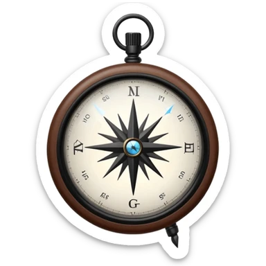 Clear glass orb with black compass needle pointing right, suspended by thin brown leather cord, bright white glowing dial face with dark rim sticker