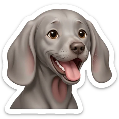 cinematic-cute-yawning-weimaraner-portrait-emoji,-head-tilted-slightly-with-a-dramatic,-wide-open-yawn,-revealing-a-sleek grey fur-with-a-subtle-shimmer,-floppy-ears-slightly-drooping,-round-brown-eyes-barely-open-in-drowsy sticker