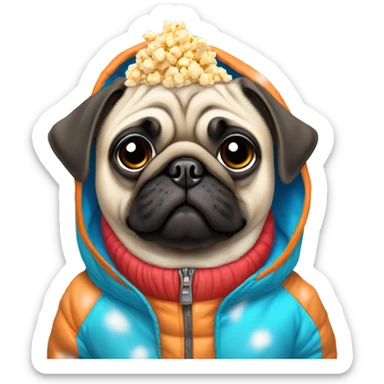 Pug wearing a snowsuit eating popcorn  sticker